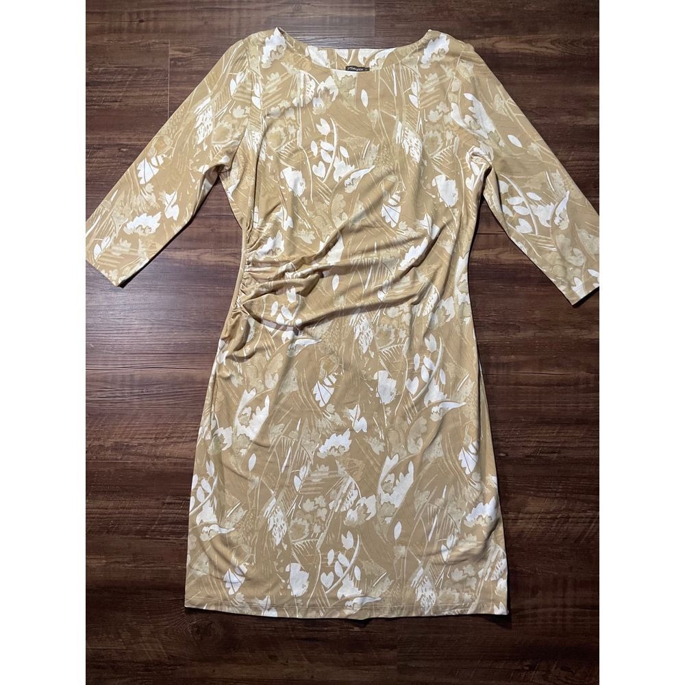 J McLaughlin Sage Dress Women L Beige White Ruched Side 3/4 Sleeve Sheath Dress